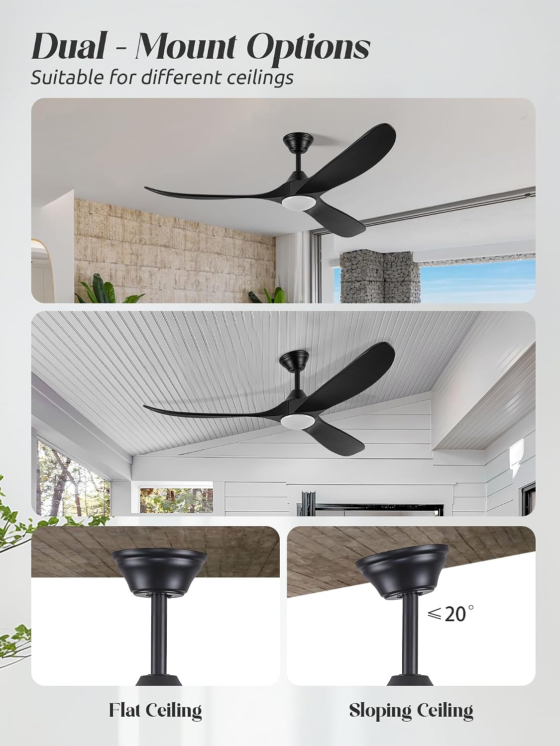 Black Modern Ceiling Fan with Light and Remote, 52 Inch 3 Blade Wood Propeller Ceiling Fan with Light Quiet Reversible Dc Motor, Indoor Outdoor Ceiling Fans for Patios Bedroom Farmhouse Gazebo