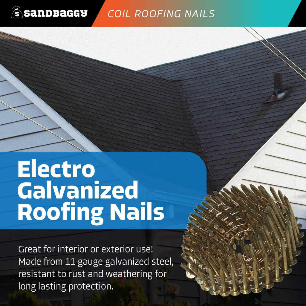 Sandbaggy 1-1/4' Coil Roofing Nails For Shingles - 15 Degree - Galvanized - Wire Collated, 11 Gauge - 120 Nails Per Coil (100)