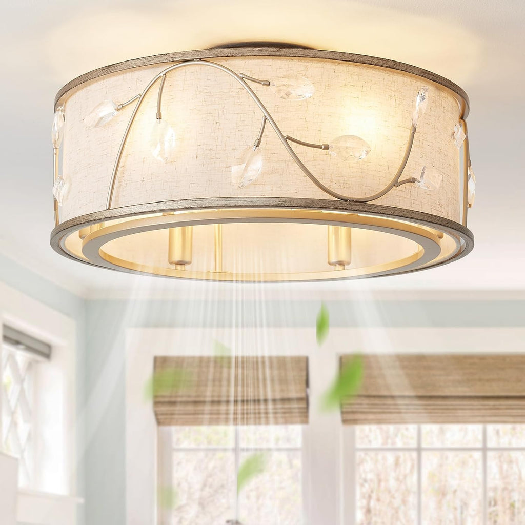 Gold Flush Mount Crystal Ceiling Fan with Lights, 20' Caged Retro Ceiling Fans Remote Control, Bladeless 6 Speeds for Living Room, Bedroom, Nursery (Including 6 E12 Bulb)