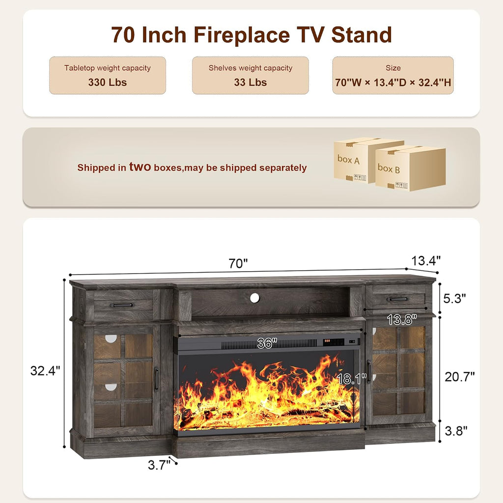 MXV 70' Fireplace TV Stand, 3-Sided Glass Fireplace and Modern Entertainment Center, Wooden Media Console with Glass Doors & Storage Drawers, LED Light, for Living Room, Grey