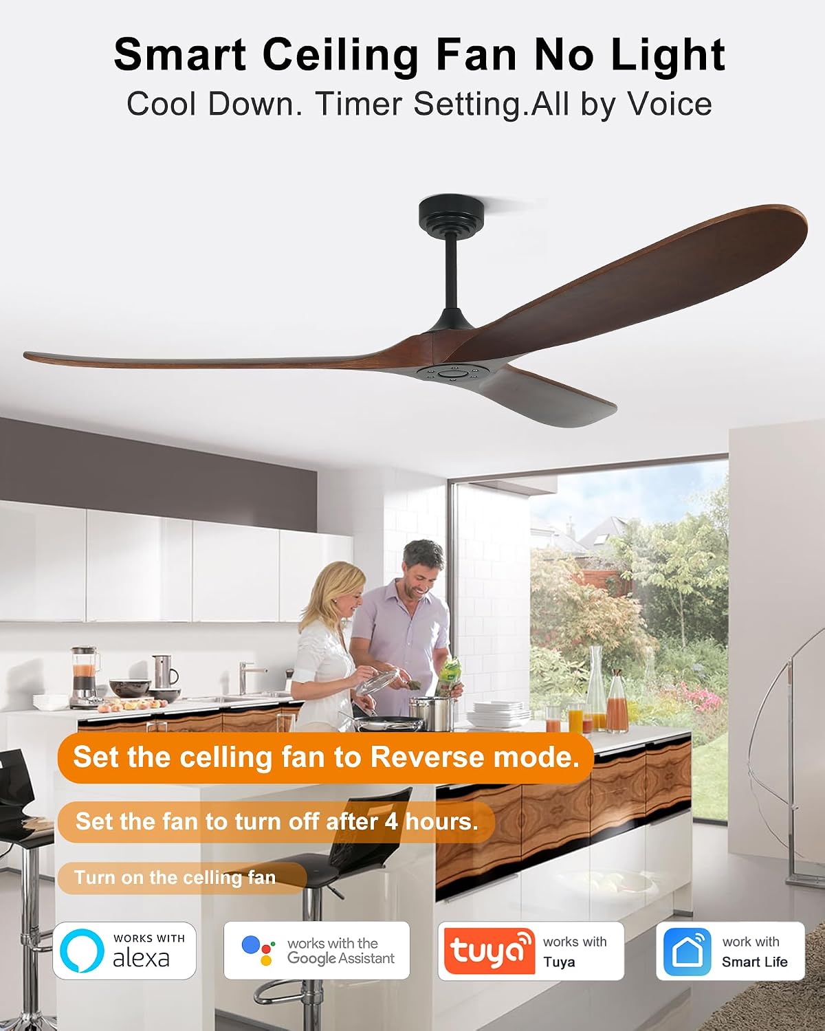 72' Smart Ceiling Fan without Lights, Wood Large Ceiling Fan with Remote Alexa Google App, 3 Blade Propeller for Patios Farmhouse Garage High CFM, Red Walnut