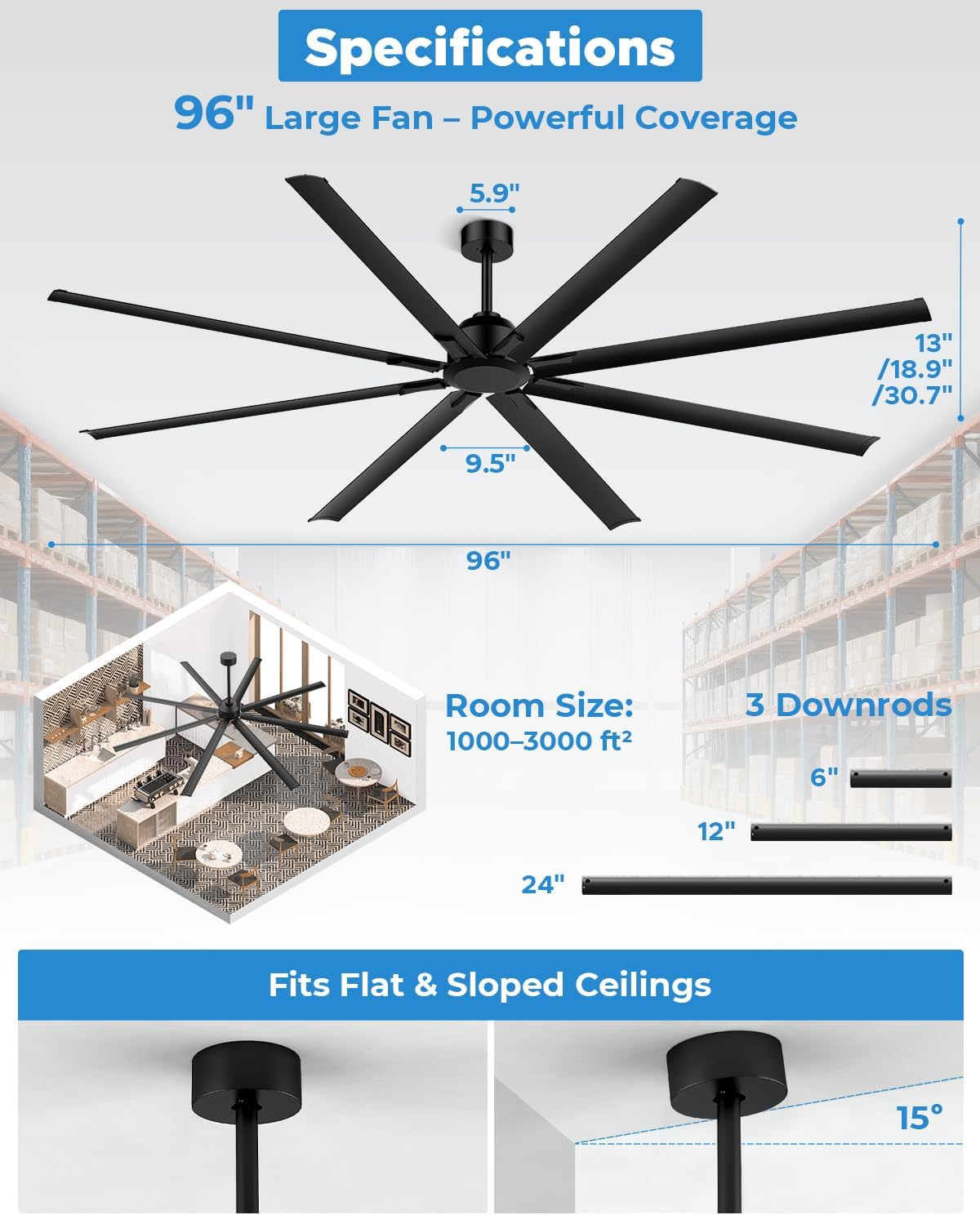 96 Inch Industrial Ceiling Fan, Large Commercial HVLS Shop Ceiling Fan for Garage Patio Gym, Big Assed Ceiling Fans with 8 Metal Blades, Quiet Reversible DC Motor, Remote Control, 6 Speeds(Black)