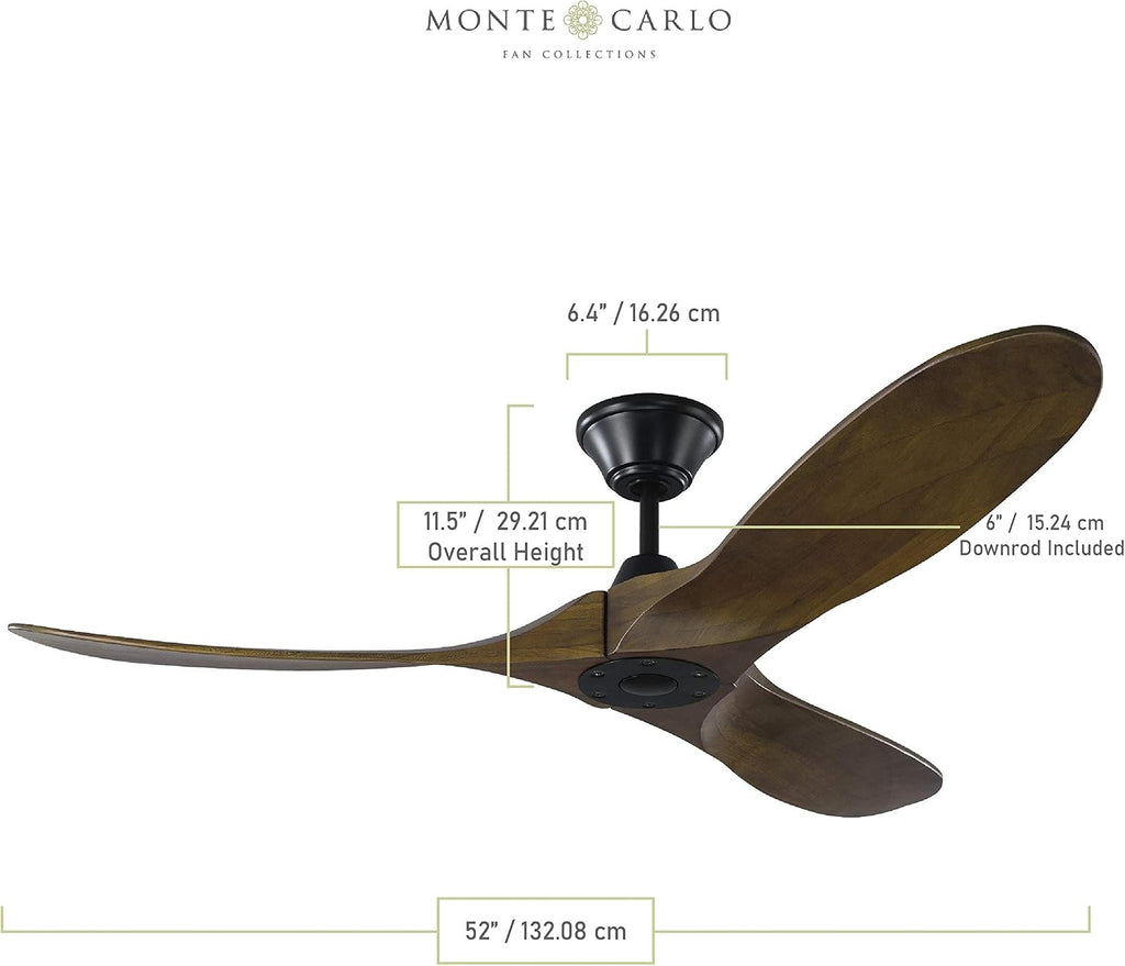 Monte Carlo 3MAVR52BK Maverick II Energy Star 52' Outdoor Ceiling Fan with Remote Control, 3 Balsa Wood Blades, Matte Black