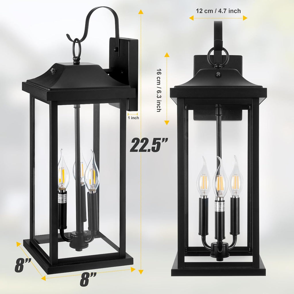 23' Dusk to Dawn Outdoor Lighting Extra Large 1 Pack, 3-Light Candelabra Front Porch Light with Photocell Sensor Outside Wall Sconce Modern Exterior Lighting Fixture Carriage Light, E12