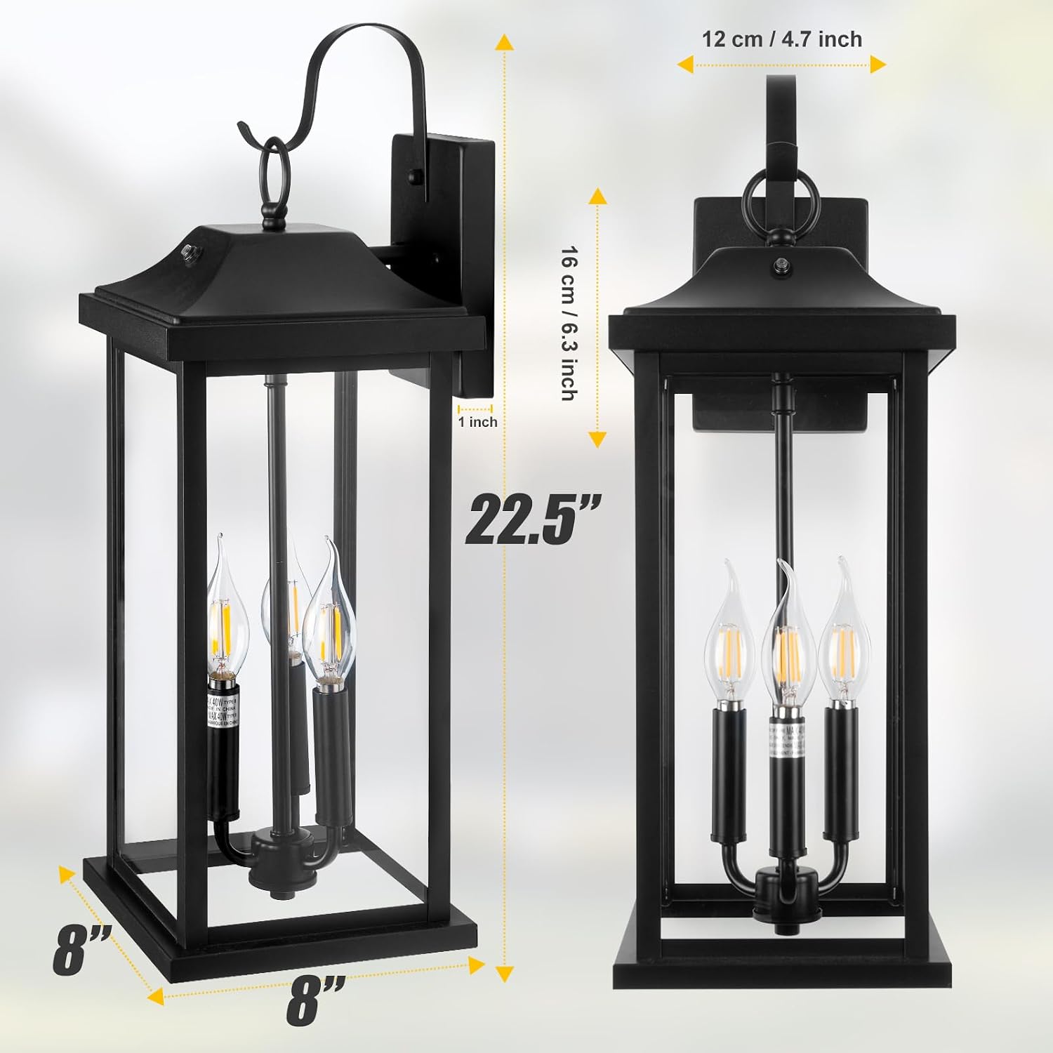 23' Dusk to Dawn Outdoor Lighting Extra Large 1 Pack, 3-Light Candelabra Front Porch Light with Photocell Sensor Outside Wall Sconce Modern Exterior Lighting Fixture Carriage Light, E12