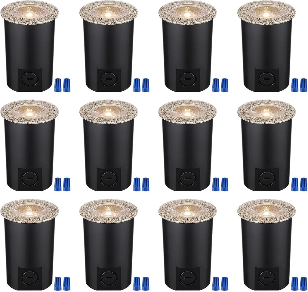 LEONLITE 12-Pack 7W 3000K Well Lights Landscape LED In Ground, 12-24V AC/DC Low Voltage, CRI90 IP67 Inground Well Lights Outdoor, Rock Color Aluminum Housing, Embedded Parts Included
