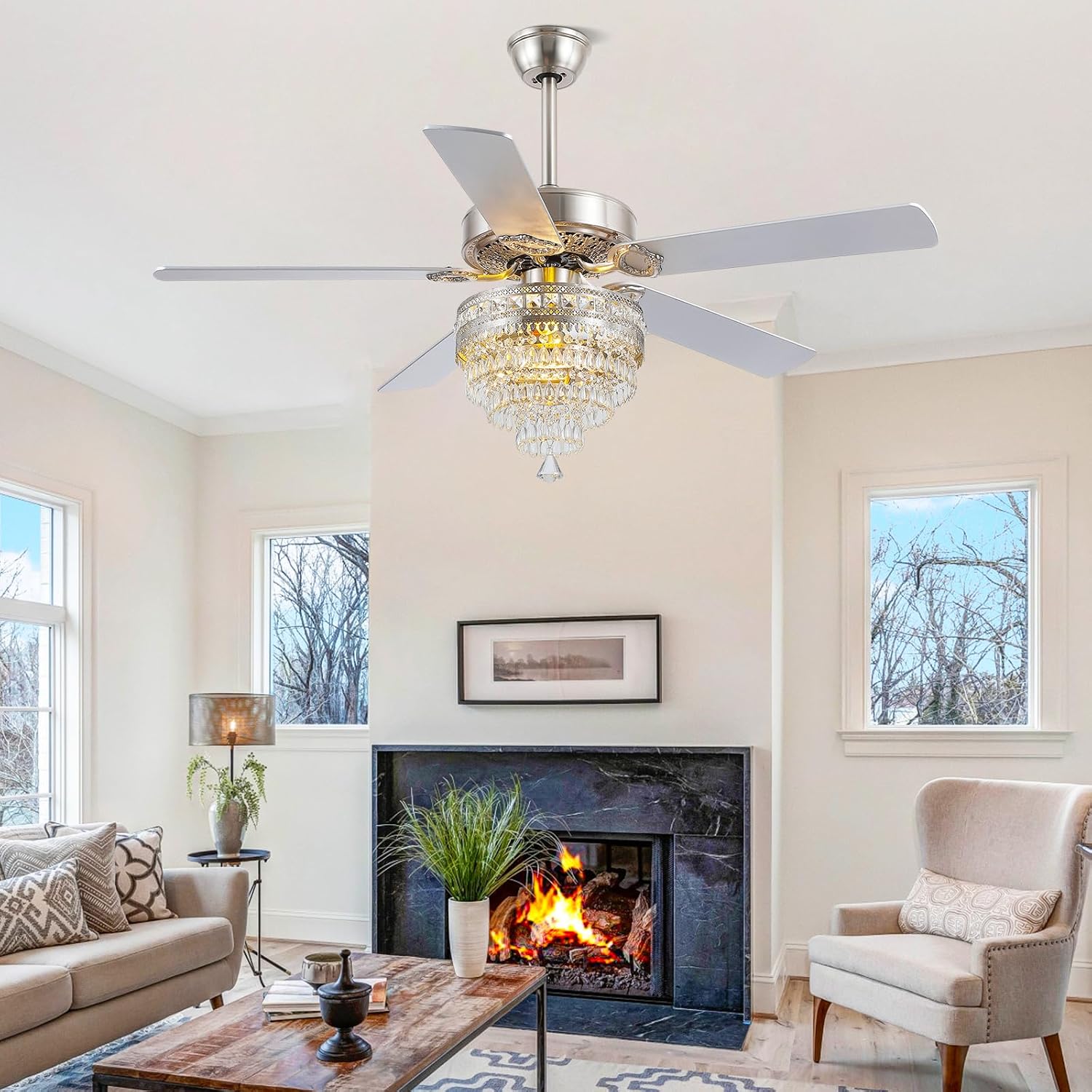 Asyko Crystal Ceiling Fan Fandelier with Lights and Remote Control，52' Modern Silver Chandelier Ceiling Fans with Reversible Blades, Silent Motor，Fandelier Ceiling Fan with Light Chrome
