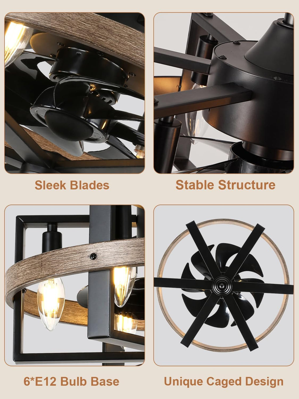 18 Inch 6-Lights Farmhouse Caged Ceiling Fan with Light, Retro Industrial Enclosed Rustic Ceiling Fans with Remote Control for Bedroom Living Room