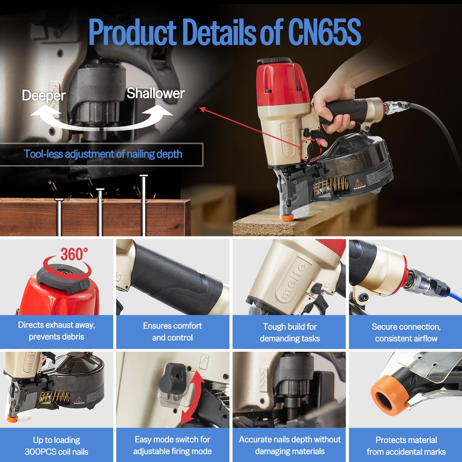 meite CN65S Coil Siding Nailer with 15 Degree Siding Nails 2' × .099'' - Pneumatic Nail Gun with 360° Exhaust & Safety Lock for Roofing Fencing Decking