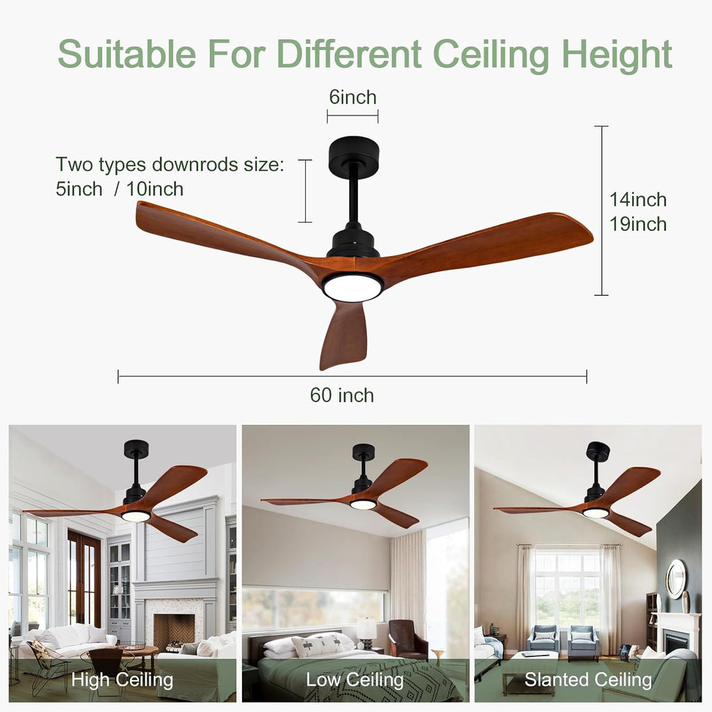 ZVL 60 Inch Ceiling Fans with Lights and Remote Control, Solid Wood Blades, 6 Speed Reversible DC Motor, Dimmable, Timer, Indoor Outdoor Ceiling Fan for Bedroom Living Room Patios