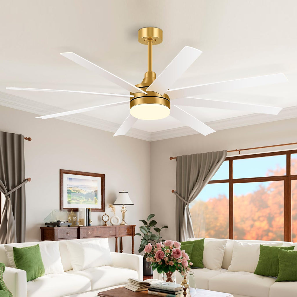 65 Inch Ceiling Fan with Lights and Remote, 8 ABS Blades, Quiet Reversible DC Motor, 6-Speed, Timer Function, 3 Color Led Light Chandelier, Industrial Ceiling Fans for Bedroom Office (Gold & White)