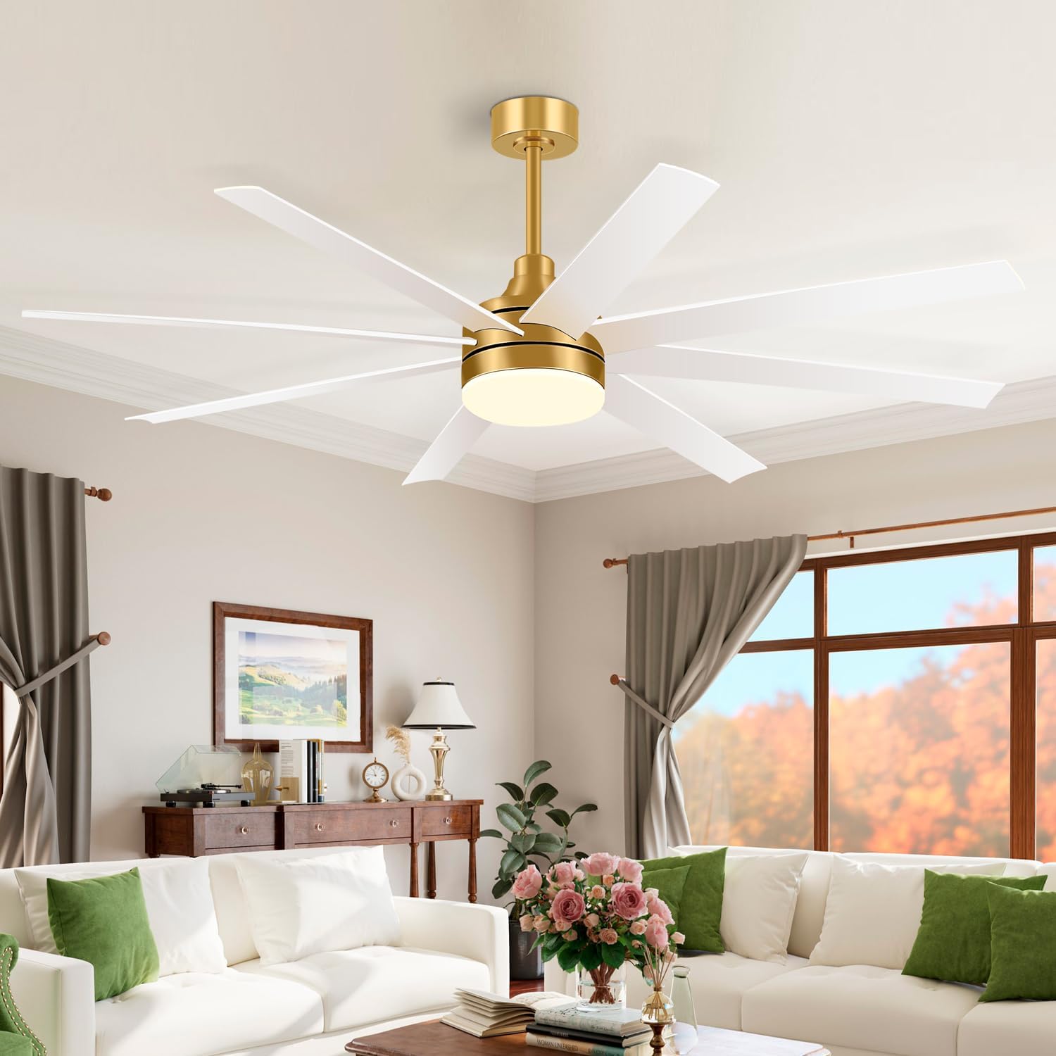 65 Inch Ceiling Fan with Lights and Remote, 8 ABS Blades, Quiet Reversible DC Motor, 6-Speed, Timer Function, 3 Color Led Light Chandelier, Industrial Ceiling Fans for Bedroom Office (Gold & White)