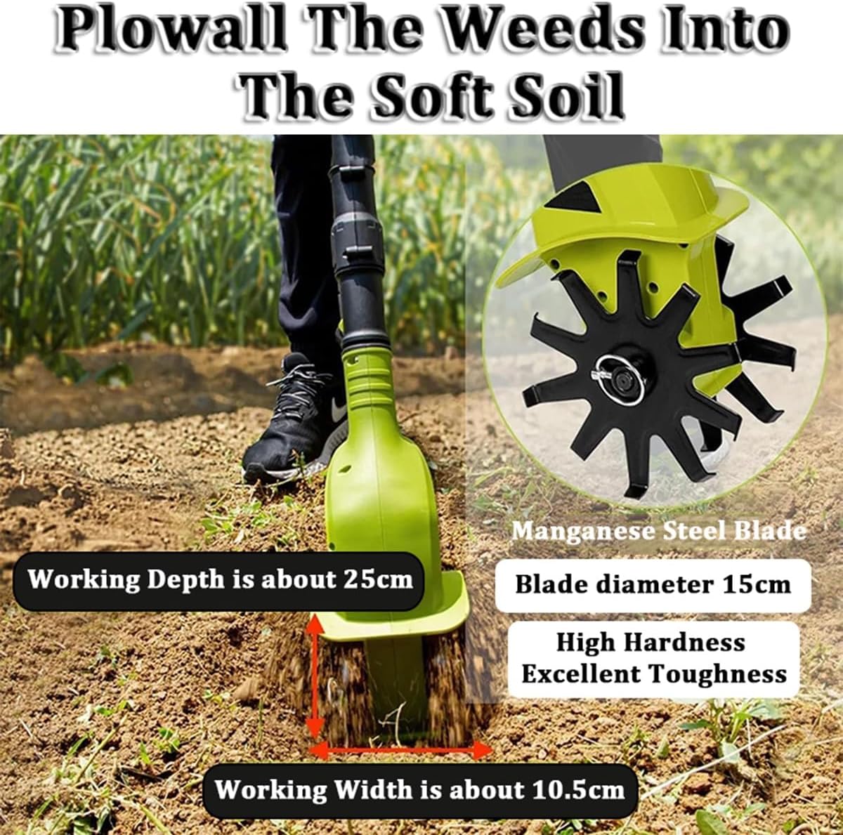 20V Electric Tiller Rotavator Garden Cordless Tillers, 250rpm No Load Speed, Cultivator Garden Tool - 10.5cm/4.1 Inch Tilling Width, 25cm/9.8 Inch Tilling Depth