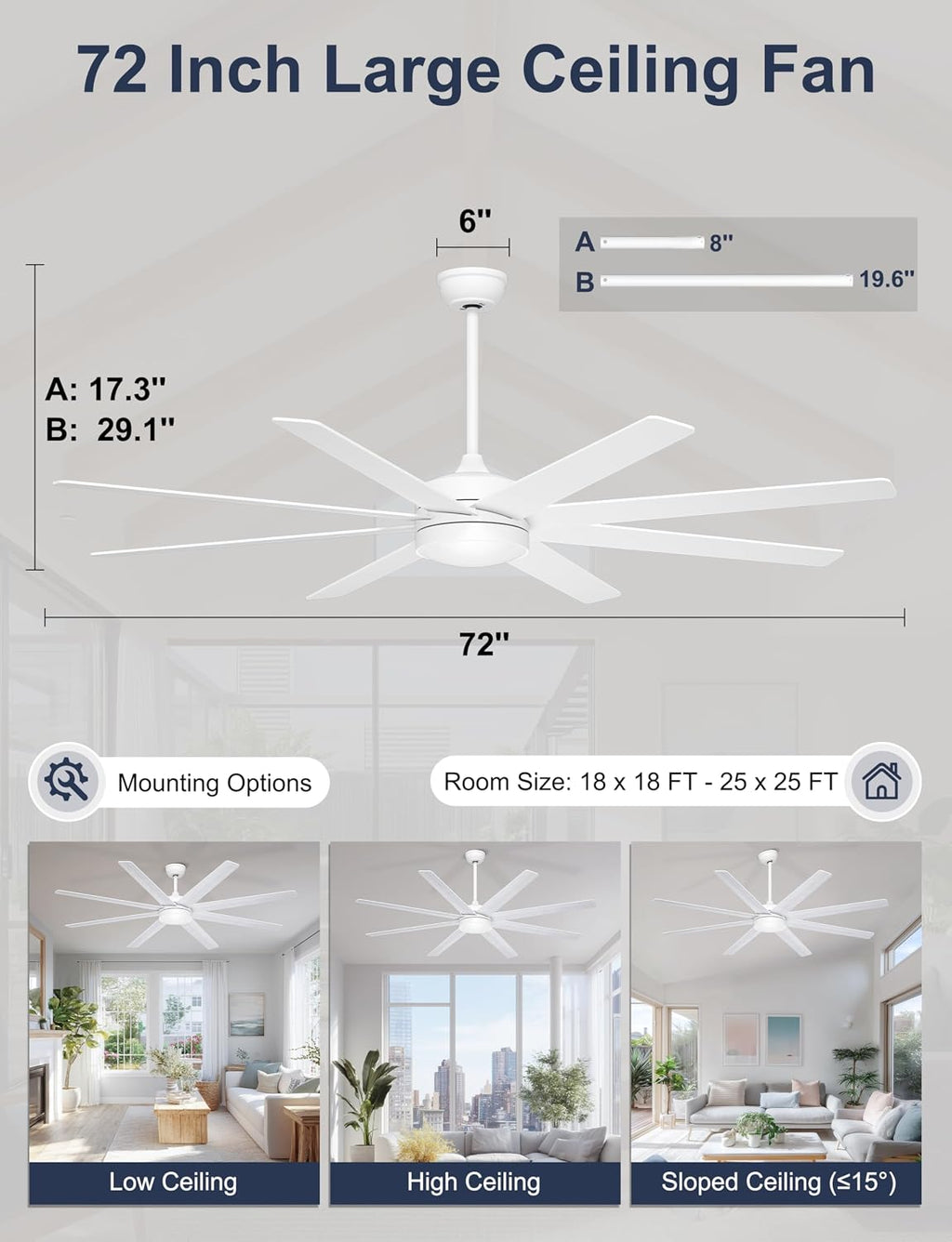 72 Inch Large Ceiling Fans with Lights, 8 Blades White Ceiling Fan Remote/APP Control, Dimmable, Reversible Big Ceiling Fan for Indoor/Covered Outdoor