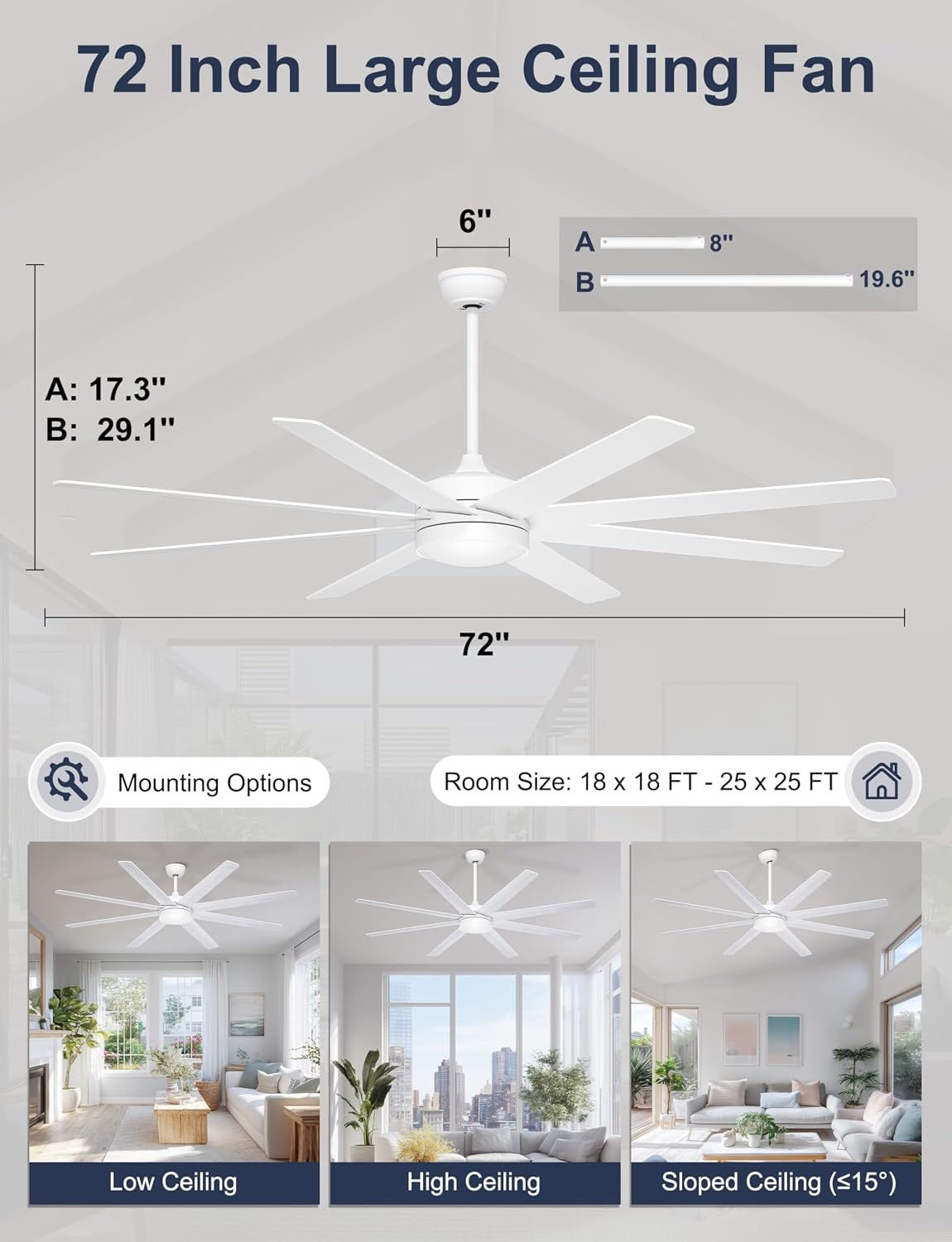 72 Inch Large Ceiling Fans with Lights, 8 Blades White Ceiling Fan Remote/APP Control, Dimmable, Reversible Big Ceiling Fan for Indoor/Covered Outdoor