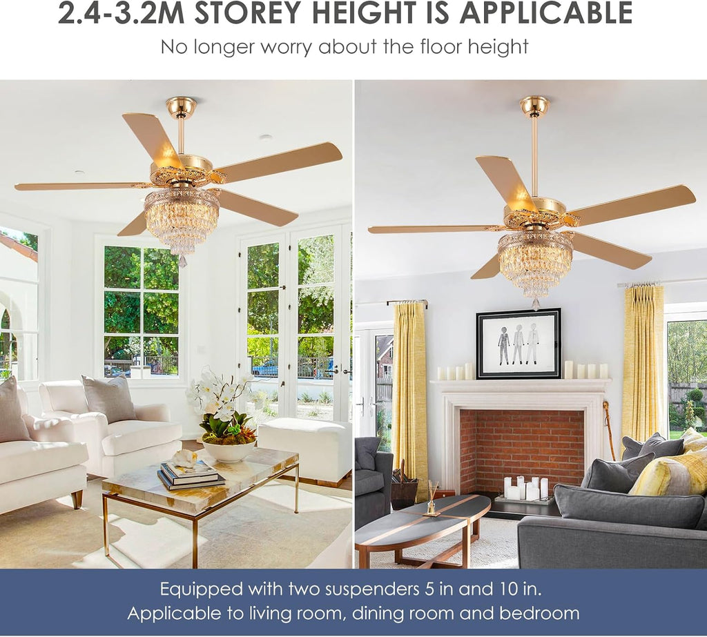 Asyko 62' Golden Crystal Ceiling Fan Fandelier with Lights - Modern Chandelier Fans with Remote Control，Noiseless DC Motor, Retro/Farmhouse Lighting, Dining Room,Living Room