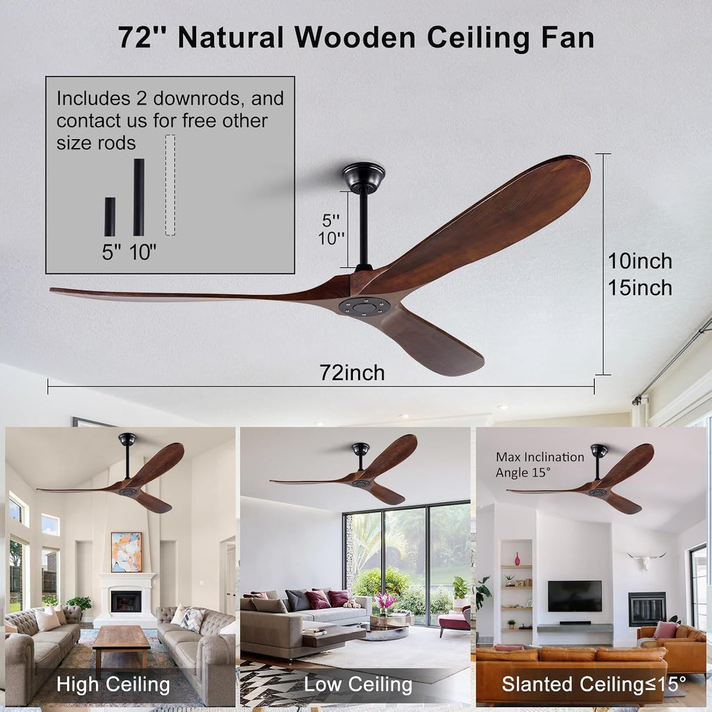 72 inch Ceiling Fan no Light, Quiet Reversible DC Motor Wood Ceiling Fan without Light, 3 Blades Large Modern Ceiling Fan with Remote Control for Outdoor Indoor Farmhouse Patios