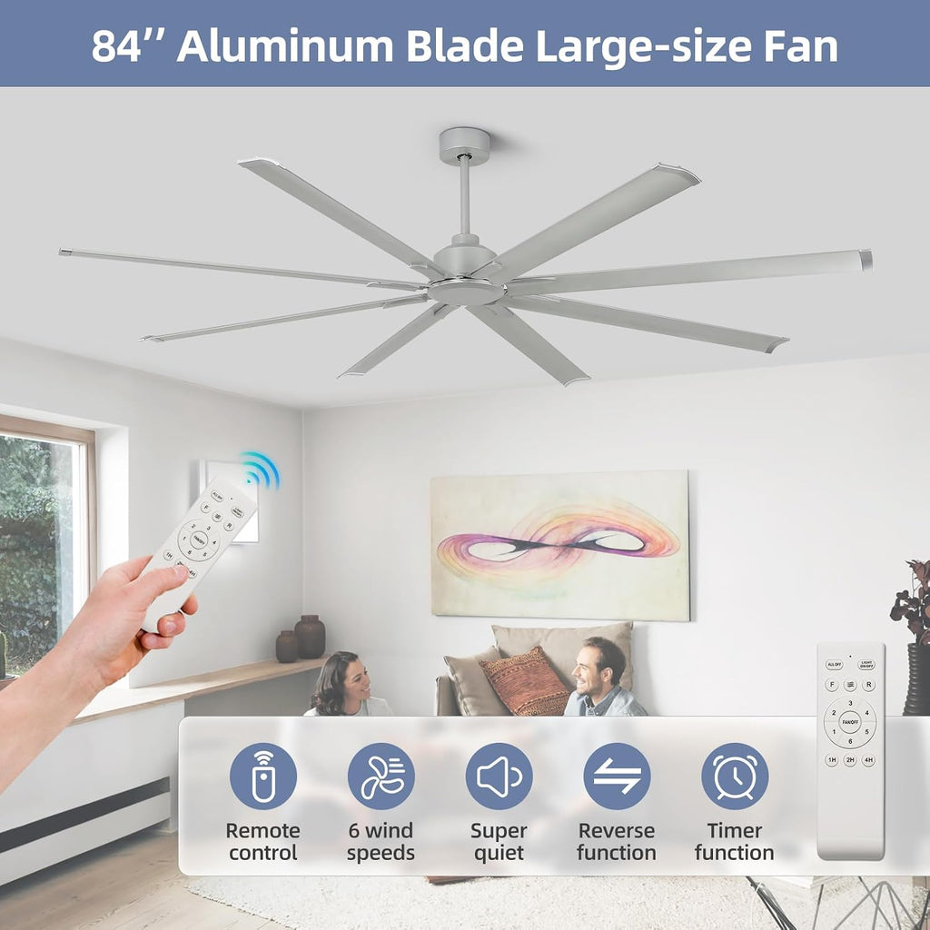 YYEHON 84 inch Large Ceiling Fans No Lights，Industrial Ceiling Fan with 8 Aluminum Blades,3 Downrod，6-Speed Remote Control, Home or Commercial Ceiling Fan for Porch，Garage，Shop