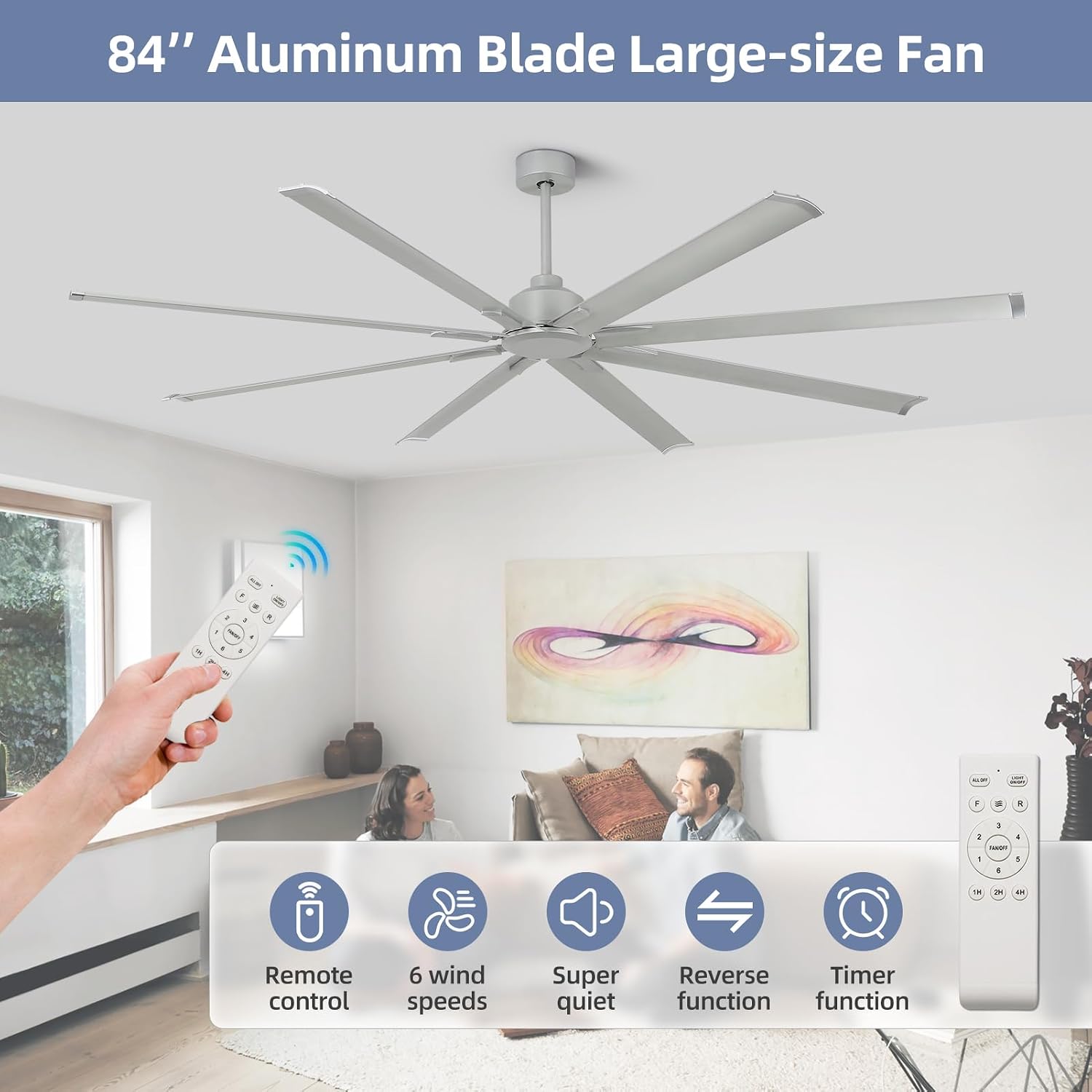 YYEHON 84 inch Large Ceiling Fans No Lights，Industrial Ceiling Fan with 8 Aluminum Blades,3 Downrod，6-Speed Remote Control, Home or Commercial Ceiling Fan for Porch，Garage，Shop