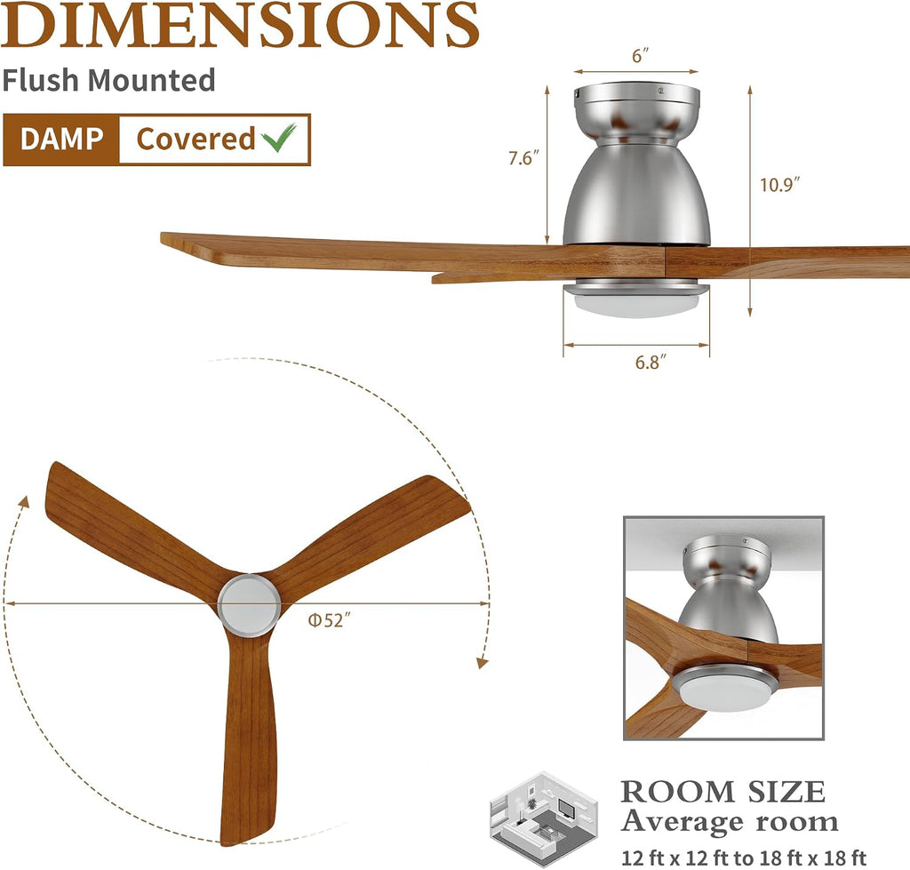 52' Smart Low Profile Ceiling Fans with Dimmable Lights Remote, Whisper-Quiet DC Motor,Outdoor Indoor Flush Mount Ceiling Fan,Control with WIFI Alexa App,3 Antique Solid Wood Blades,for Living Room