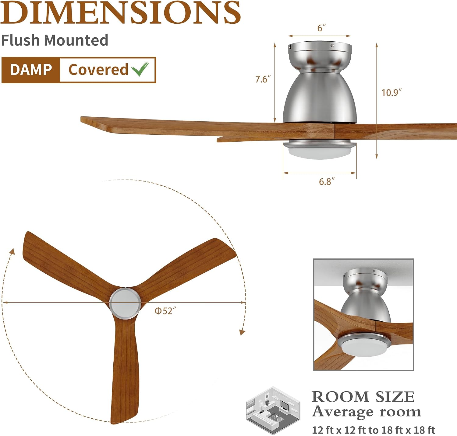 52' Smart Low Profile Ceiling Fans with Dimmable Lights Remote, Whisper-Quiet DC Motor,Outdoor Indoor Flush Mount Ceiling Fan,Control with WIFI Alexa App,3 Antique Solid Wood Blades,for Living Room