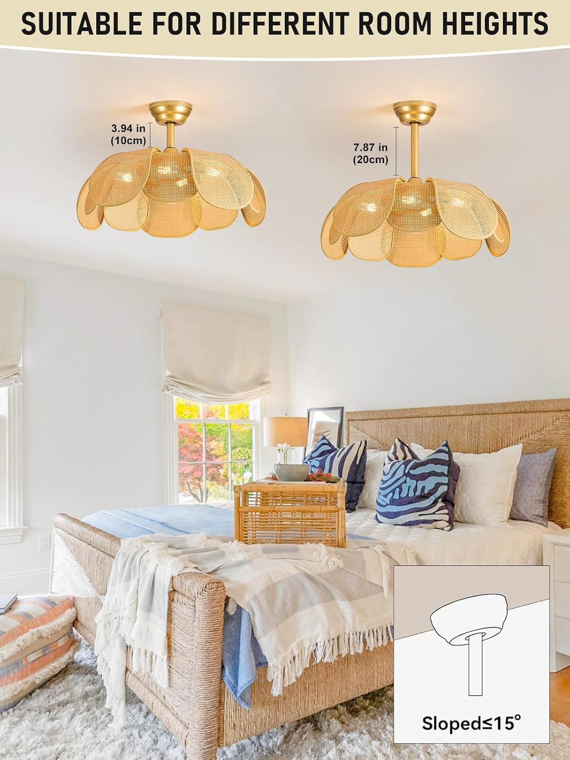 Rattan fandelier Ceiling Fan with Light Boho Ceiling Fans with Lights and Remote Gold Chandelier Fan for Bedroom, Living Room,Kitchen,Foyer(26 Inch,6 Speed, Timing Adjustable Height Flower)