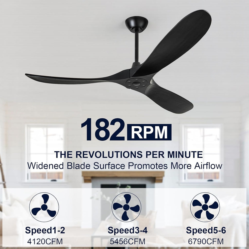 52' Ceiling Fans without Lights, Ceiling Fan no Light with 3 Blades, Solid Wood Ceiling Fan with Remote Control and DC Motor, Indoor Outdoor Ceiling Fans for Patios-Black