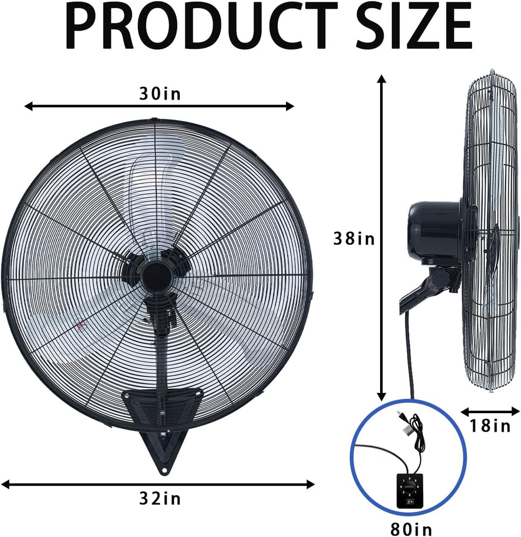 30' Wall Mount Fan, 9500CFM Heavy Duty Wall Fan with 3-Speed & Adjustable Tilt, 30 Inch High Velocity Industrial Oscillating Fans for Garage, Factory, Patio, Indoor, Porch, Shop & Commercial Use