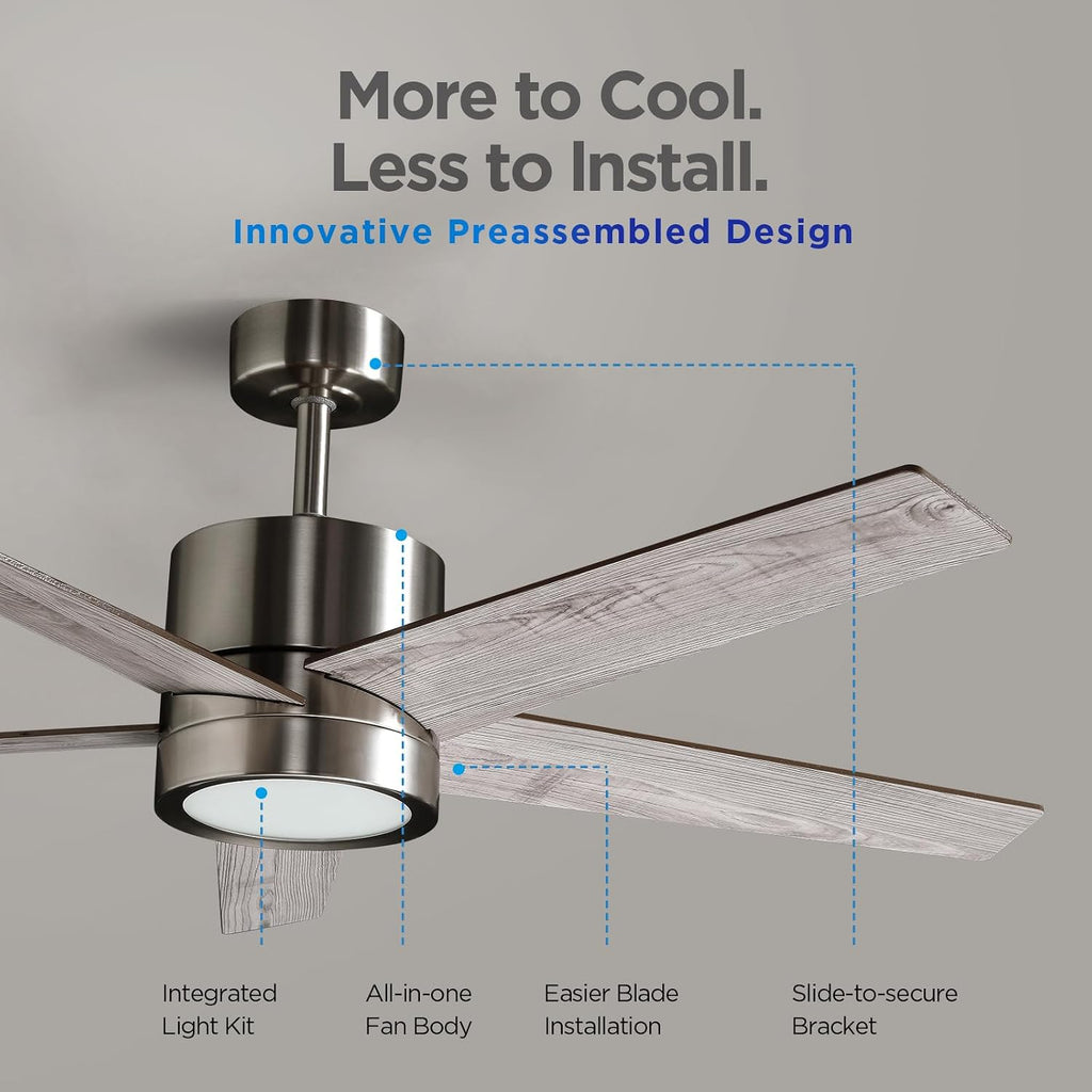 52 Inch Ceiling Fan Brushed Nickel Remote Controlled Dimmable Light Combo - Quiet Reversible DC Motor - 5 Blades