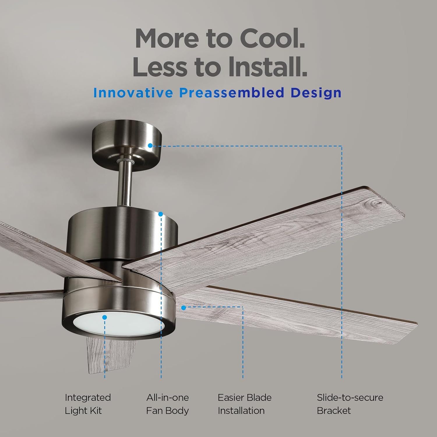 52 Inch Ceiling Fan Brushed Nickel Remote Controlled Dimmable Light Combo - Quiet Reversible DC Motor - 5 Blades