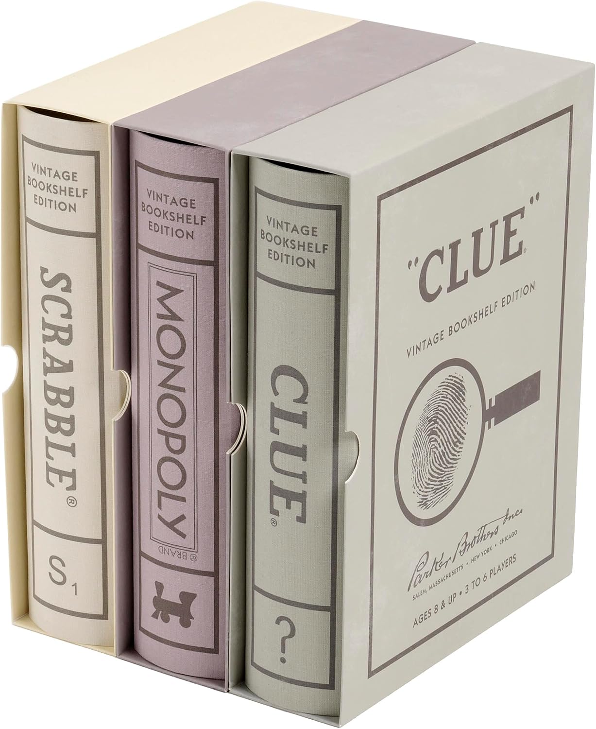WS Game Company Vintage Board Games Bookshelf Collection - Scrabble, Monopoly & Clue in Book-Style Cases for Family Game Night, Classic Board Games for 2-6 Players, Ages 8+
