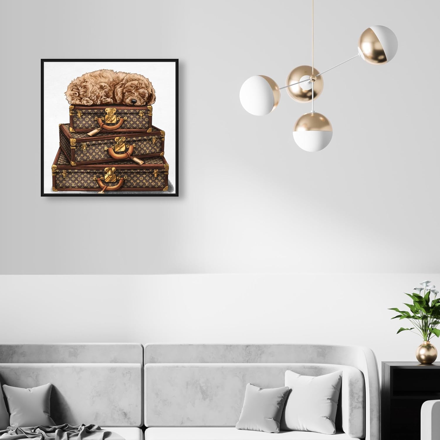 The Oliver Gal Artist Co. Fashion and Glam Framed Wall Art Canvas Prints 'Sleeping Poodle' Travel Essentials Home Décor, 20 in x 20 in, Brown, White