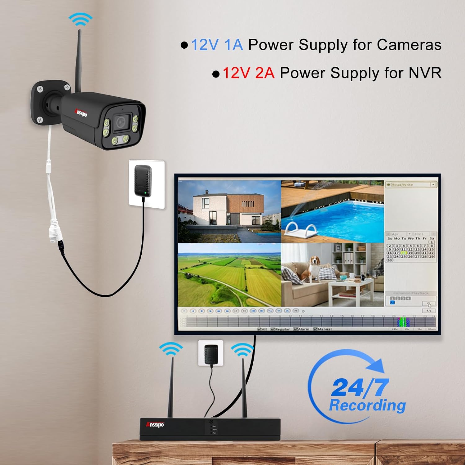 Dual Warning 4K Security Camera System, 4pcs Plug in Surveillance Camera for Outdoor Indoor House 24/7 Recording, AI Detection, Color Night Vision, 2 Way Audio, 8CH WiFi NVR with 1TB HDD
