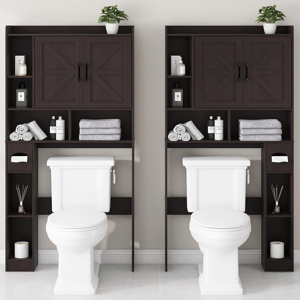 Vabches Over The Toilet Storage Cabinet, Farmhouse Storage Cabinet Over Toilet with 2 Barn Door & Toilet Paper Holder Stand，Home Space-Saving Toilet Rack, for Bathroom, Restroom, Laundry