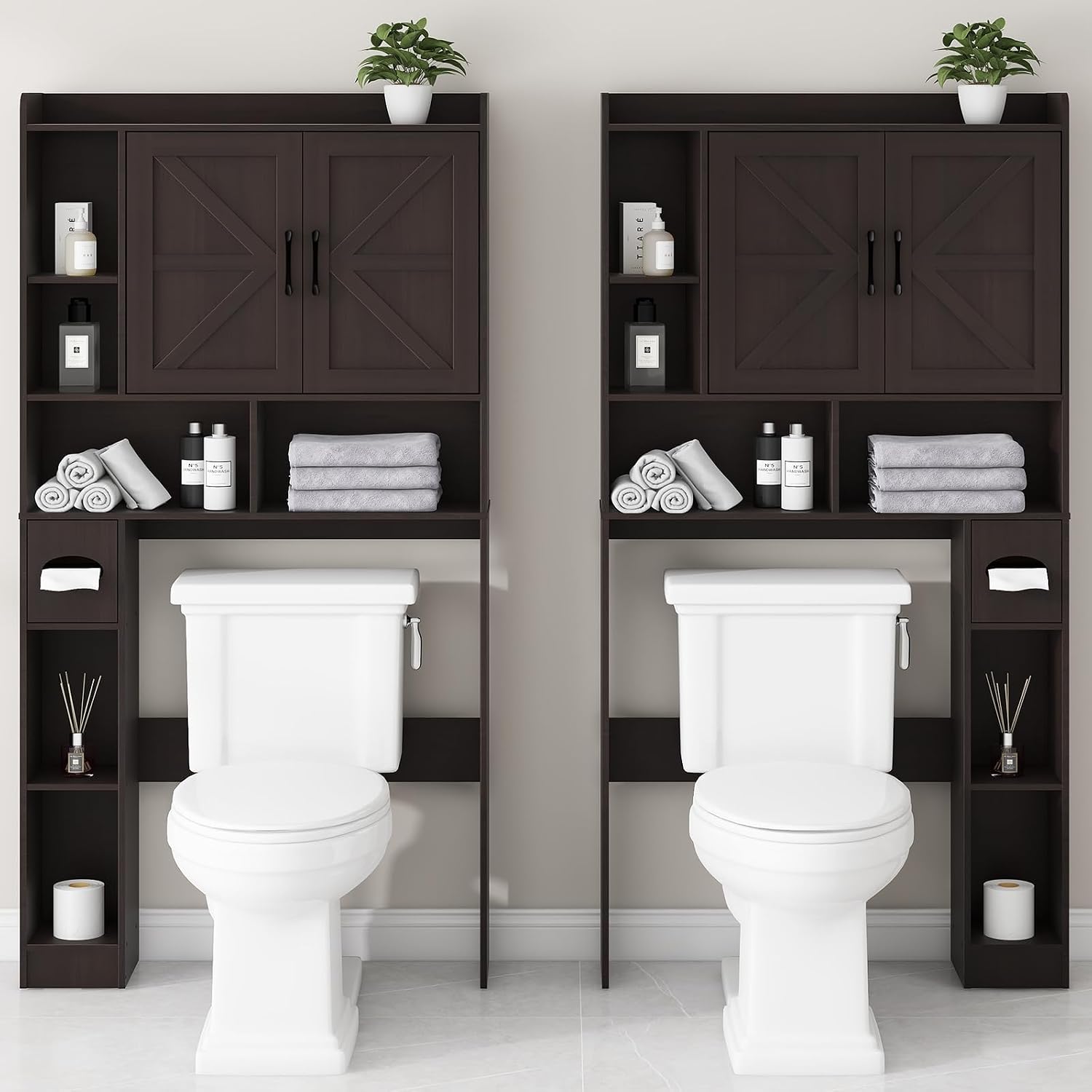 Vabches Over The Toilet Storage Cabinet, Farmhouse Storage Cabinet Over Toilet with 2 Barn Door & Toilet Paper Holder Stand，Home Space-Saving Toilet Rack, for Bathroom, Restroom, Laundry