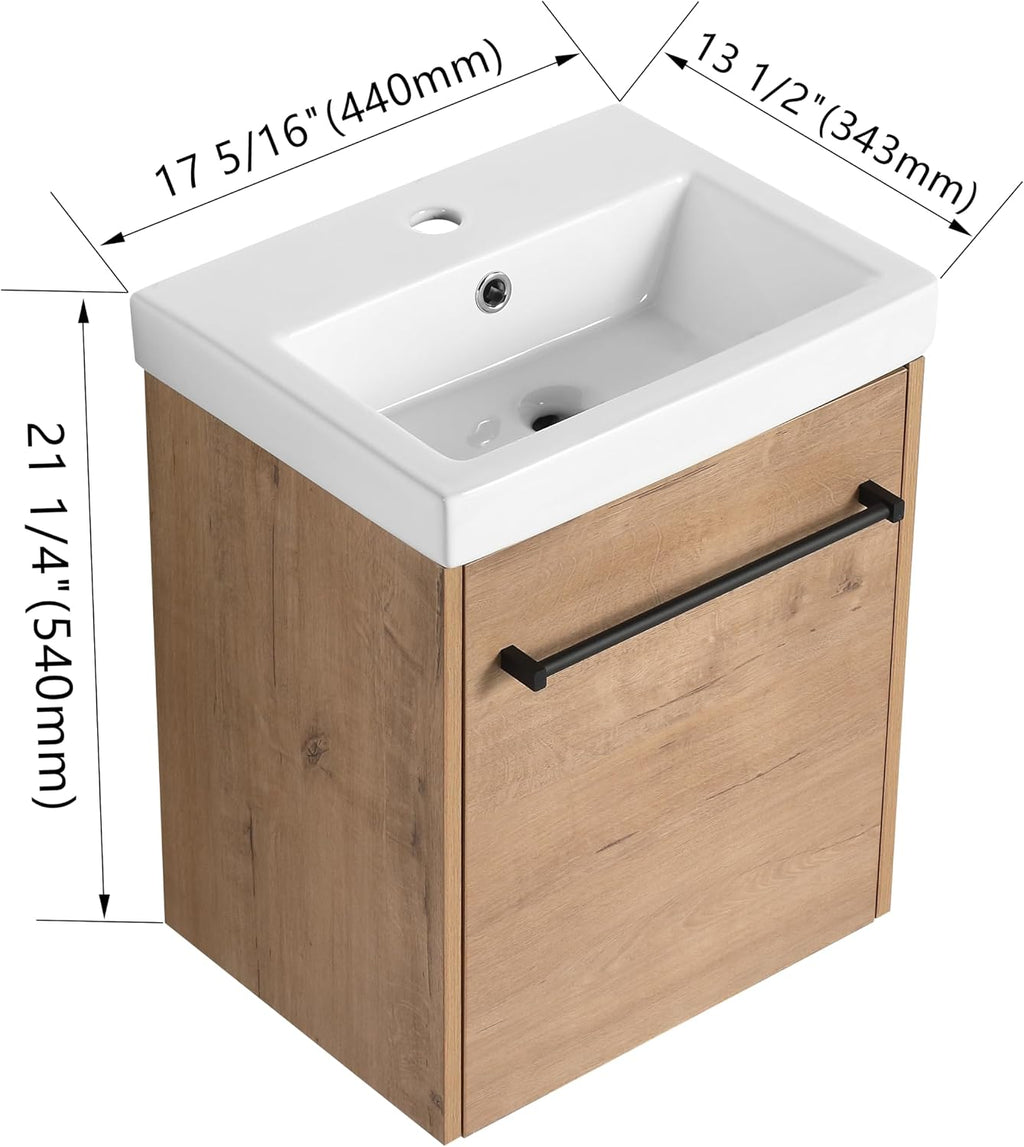 Glemab 17.31' Floating Wall-Mounted Bathroom Vanity, Bathroom Vanity with Ceramic Sink, Soft-Close Cabinet Door, Wall-Mounted Storage Cabinet with Ceramic Sink, Oak