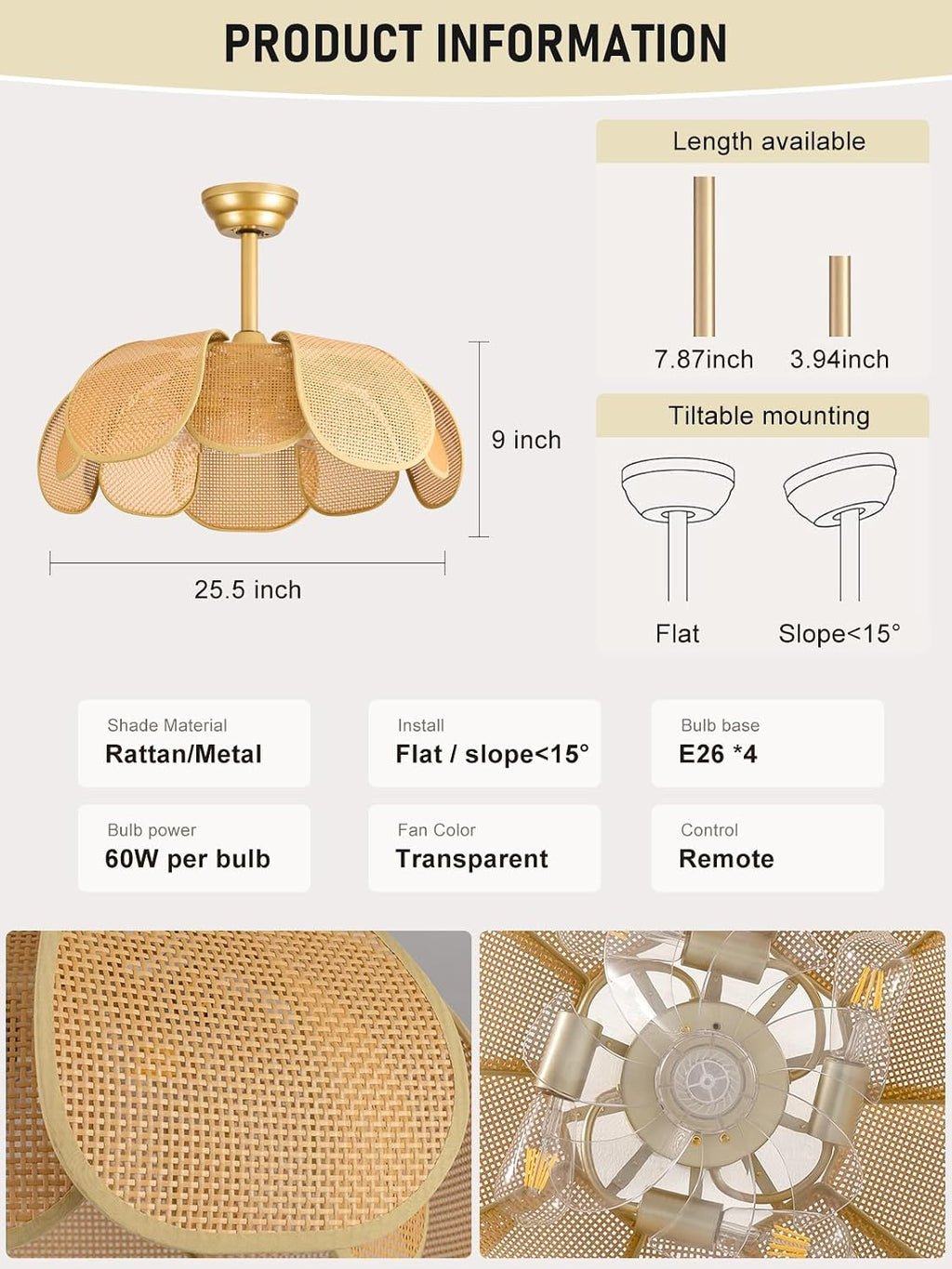 Rattan fandelier Ceiling Fan with Light Boho Ceiling Fans with Lights and Remote Gold Chandelier Fan for Bedroom, Living Room,Kitchen,Foyer(26 Inch,6 Speed, Timing Adjustable Height Flower)