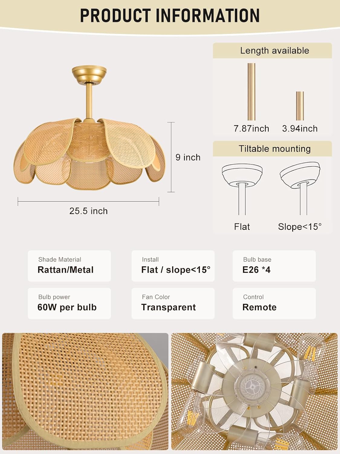Rattan fandelier Ceiling Fan with Light Boho Ceiling Fans with Lights and Remote Gold Chandelier Fan for Bedroom, Living Room,Kitchen,Foyer(26 Inch,6 Speed, Timing Adjustable Height Flower)