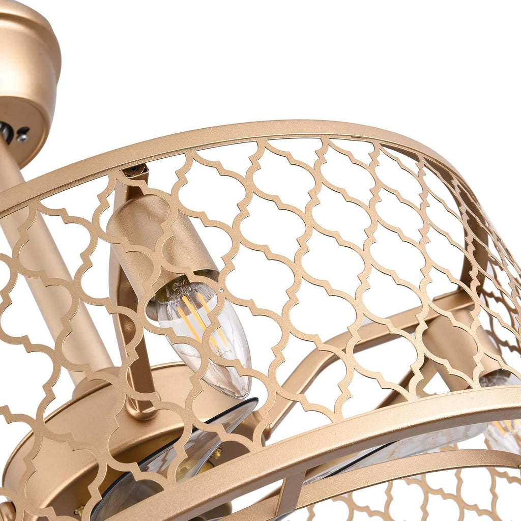20inch Industrial Ceiling Fan with Lights Enclosed Ceiling Fan Indoor w/ Remote, Gold Caged Retro Ceiling Fan Metal Bladeless Chandelier Fan Lighting Fixture for Living Dining Room Bedroom Kitchen