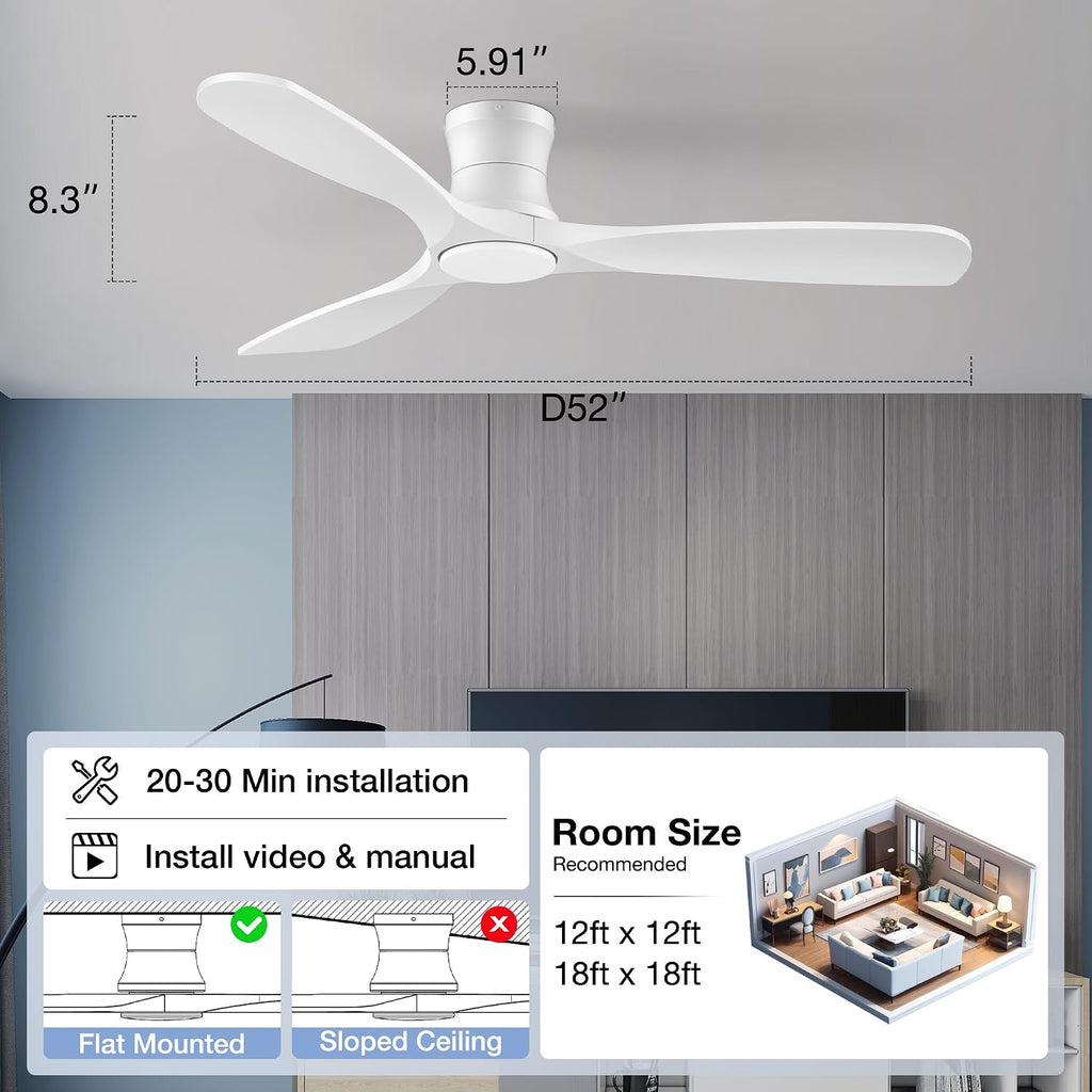 52 Inch Wood Ceiling Fans with Lights Remote,Low Profile Flush Mount Ceiling Fan with Light,Outdoor Indoor Modern Ceiling fan for Bedroom Living room Patio,White,3 Blades,Dimmable,6 Speed,Noiseless