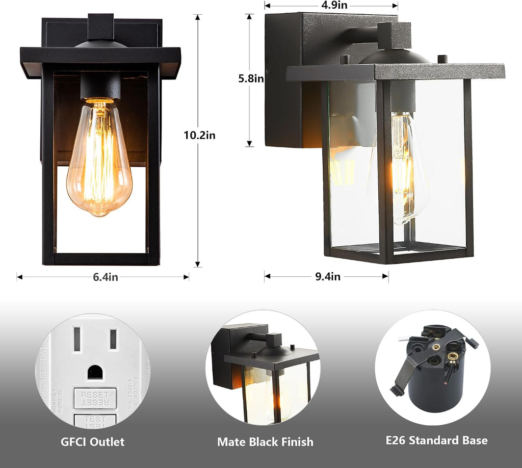 Outdoor Lights with GFCI Outlet, Black Front Porch Lights, Exterior Lighting Fixture with Outlet, Waterproof Outdoor Wall Sconce Wall Mount for House Garage, Patio, 2 Packs