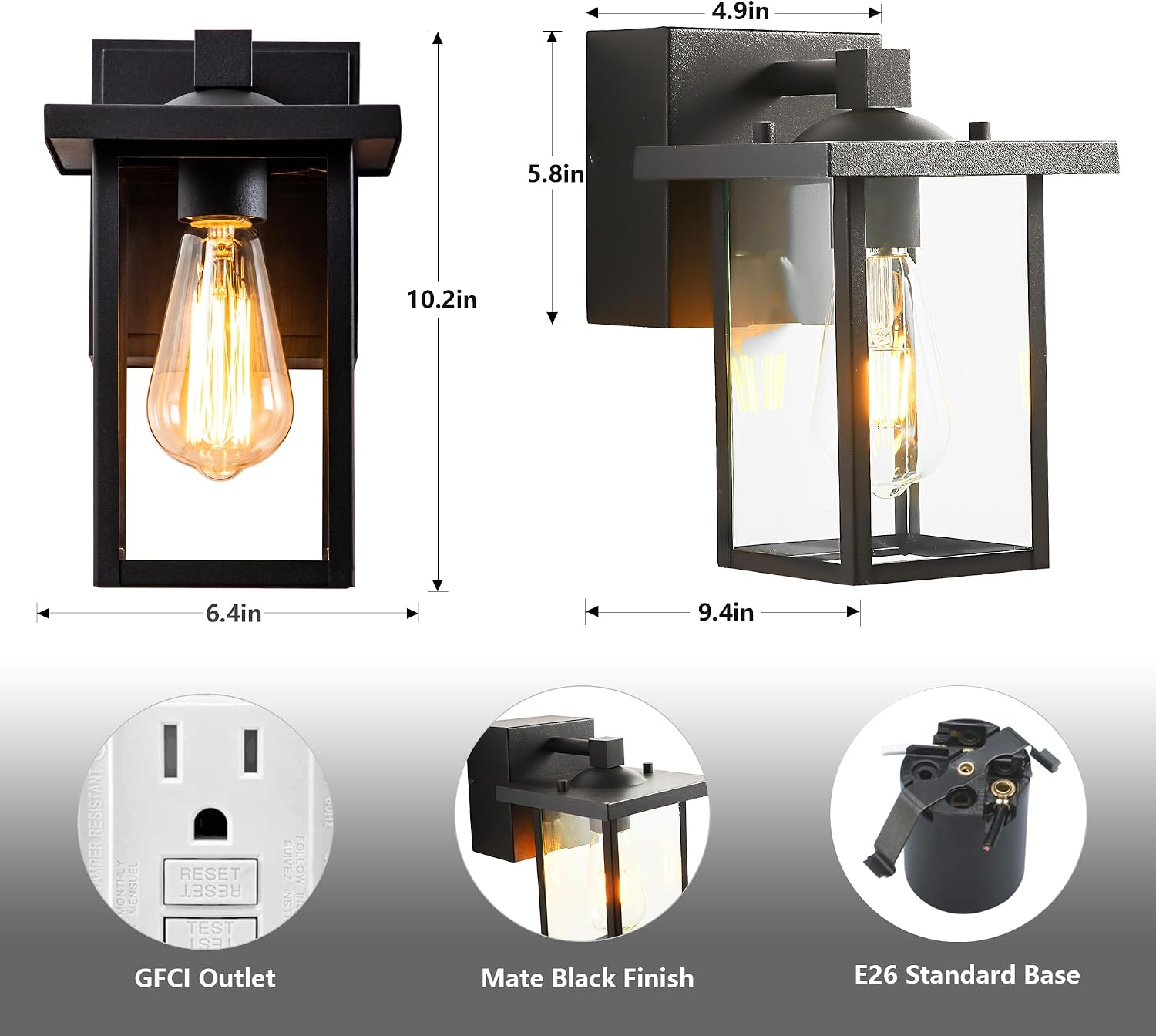 Outdoor Lights with GFCI Outlet, Black Front Porch Lights, Exterior Lighting Fixture with Outlet, Waterproof Outdoor Wall Sconce Wall Mount for House Garage, Patio, 2 Packs