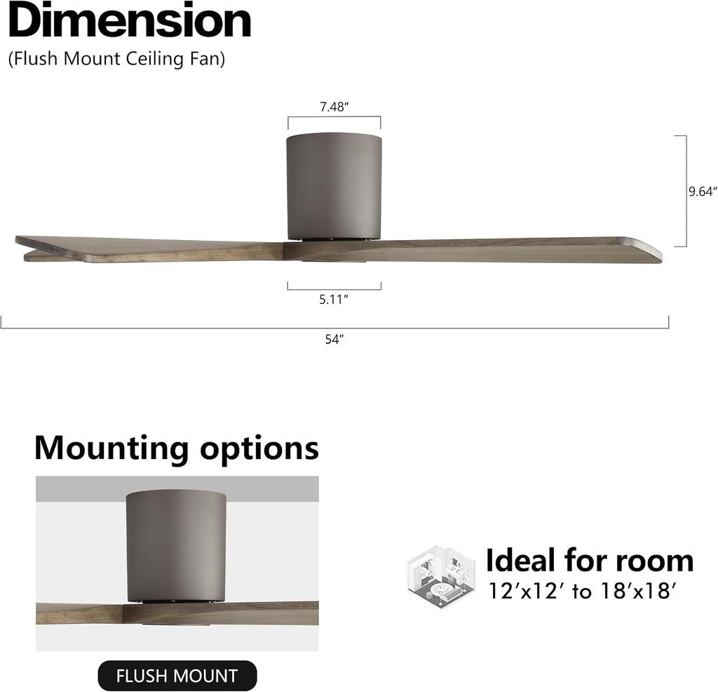 WINGBO 54 Inch Flush Mount DC Ceiling Fan without Lights, 5 Reversible Carved Wood Blades, 6-Speed Noiseless DC Motor, Hugger Ceiling Fan No Lights in Graphite Finish with Gray Blades, ETL Listed