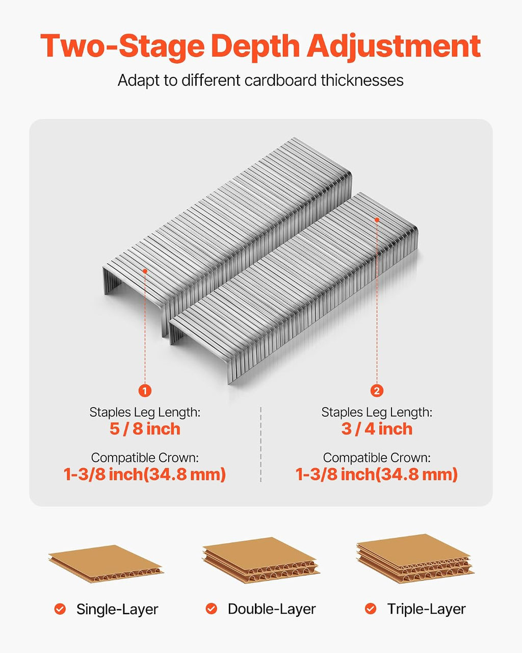 VEVOR Pneumatic Carton Closing Stapler, 13 Gauge Pneumatic Cardboard Staple Gun for 1-3/8 inch Crown 5/8' & 3/4' Length, Depth-Adjustable 70-120 PSI Air Staple Gun for Boxes Carton Closing, Packaging