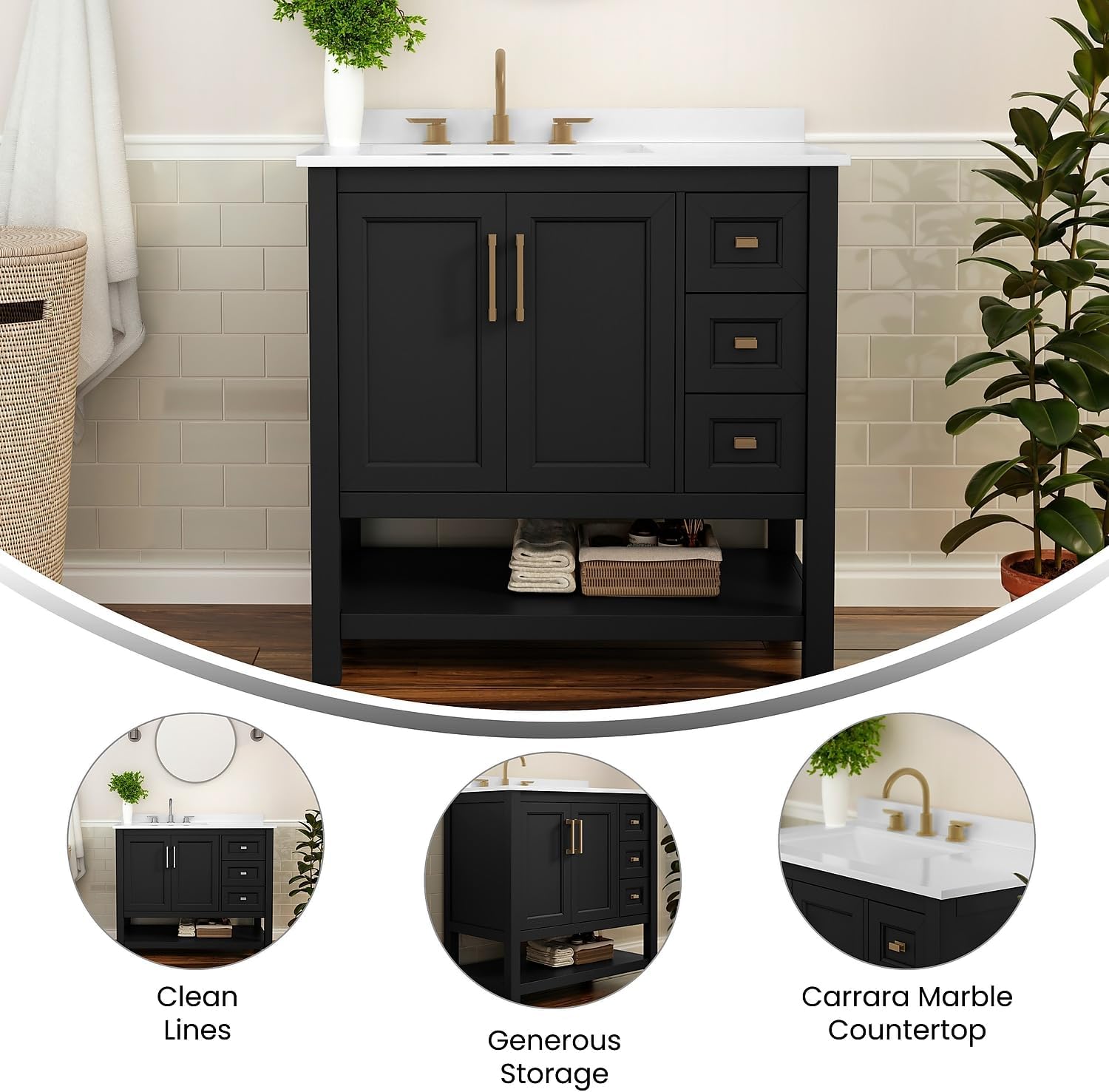 Flash Furniture Vega 36 Inch Bathroom Vanity with Sink, Storage Cabinet with Soft Close Doors, Open Shelf and 3 Drawers, Carrara Marble Finish Countertop, Black/Gold