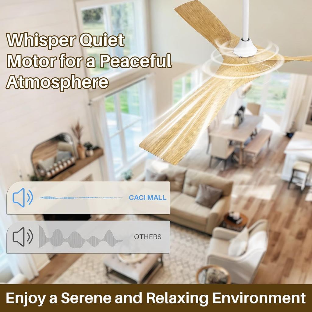 CACI Mall 52 Inch Propeller Ceiling Fan No Light, Remote Control, 6 Speeds Noiseless DC Motor, 3 ABS Blades, Indoor Outdoor Ceiling Fans for Living Room, Bedroom, Patio
