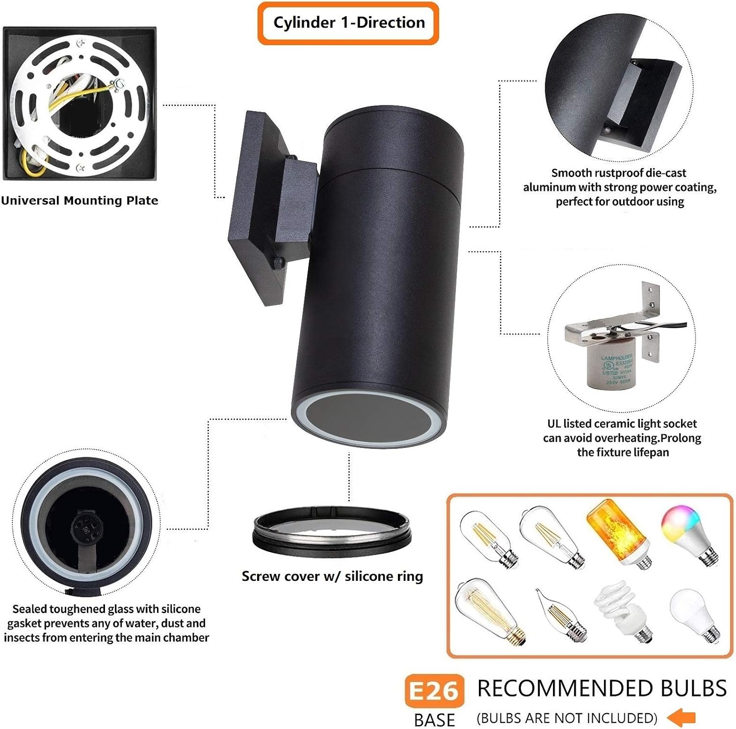 Outdoor Wall Light, Exterior Lighting - ETL Listed, Die-cast Aluminum Anti-Rust Waterproof Wall Mount Cylinder Design – 1-Direction Up or Down Light Fixture for Porch, Garage or Patio (3 Pack)