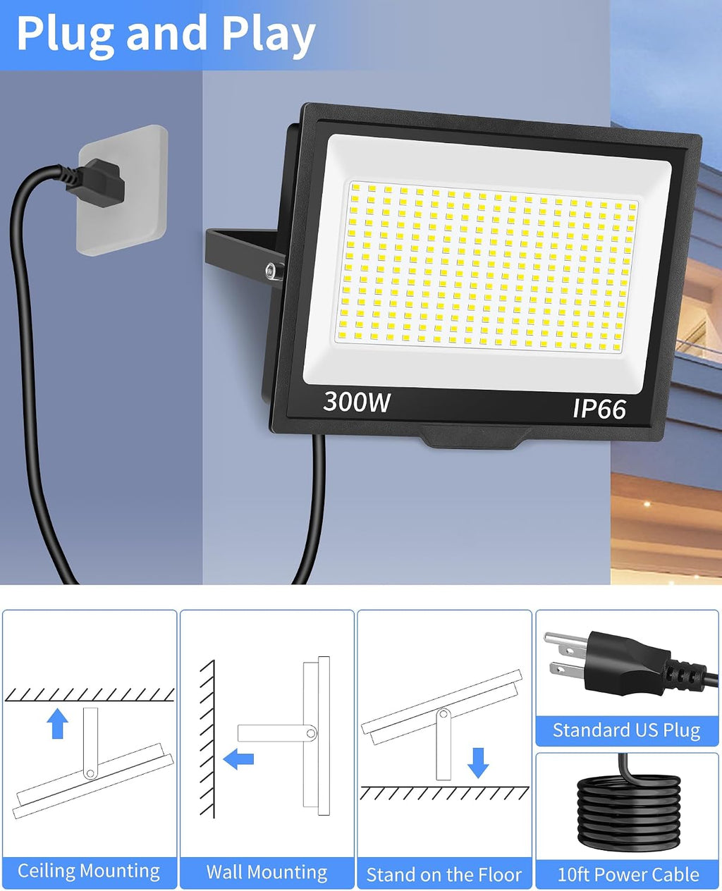 ISUERFY 300W LED Flood Light Outdoor with Plug, 36000LM Ultra Brighter Security Light, IP66 Waterproof Exterior Plug in Floodlight, 5000K Daylight White for Lawn Yard Garden Stadium(2 Pack)