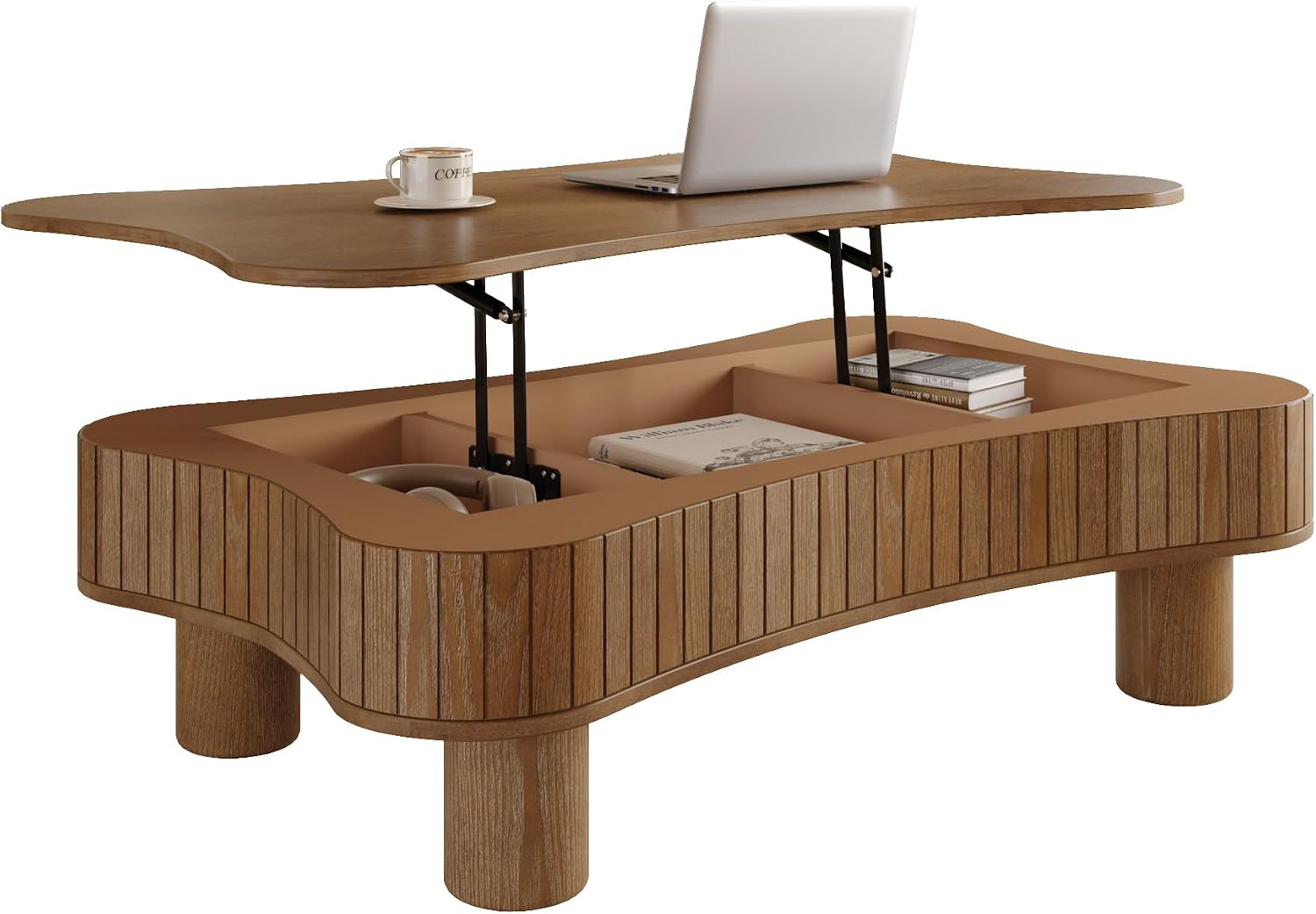 Zurnes Lift Top Coffee Table with Storage, 42' Accent Table for Living Room, Fluted Panel Hidden Storage, Silent Hydraulic Lift, Curved Corners, Easy Assembly, Walnut