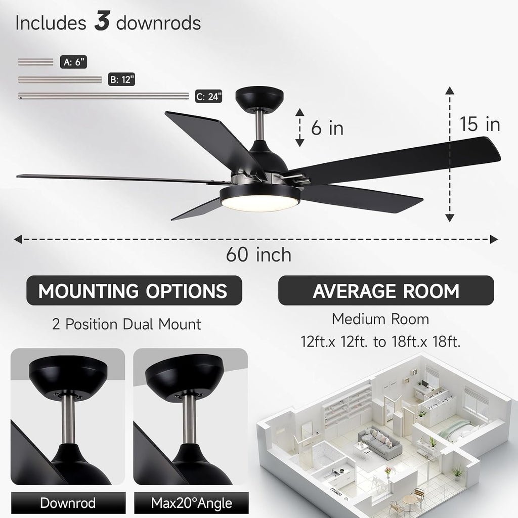 Ceiling Fan with Light and Remote, Outdoor Ceiling Fan with 6 Propeller Blade for Patio, Noiseless DC Motor, 60 Inch Rustic Farmhouse Ceiling Fan (Black 5 Blade Ceiling Fan Light)